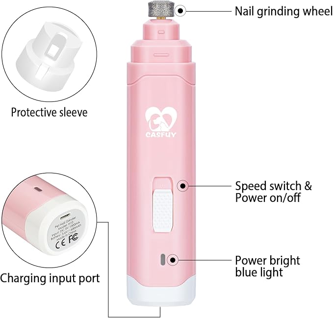 Casfuy Dog Nail Grinder Upgraded - Professional 2-Speed Electric Rechargeable Pet Nail Trimmer Painless Paws Grooming &amp; Smoothing for Small Medium Large Dogs &amp; Cats