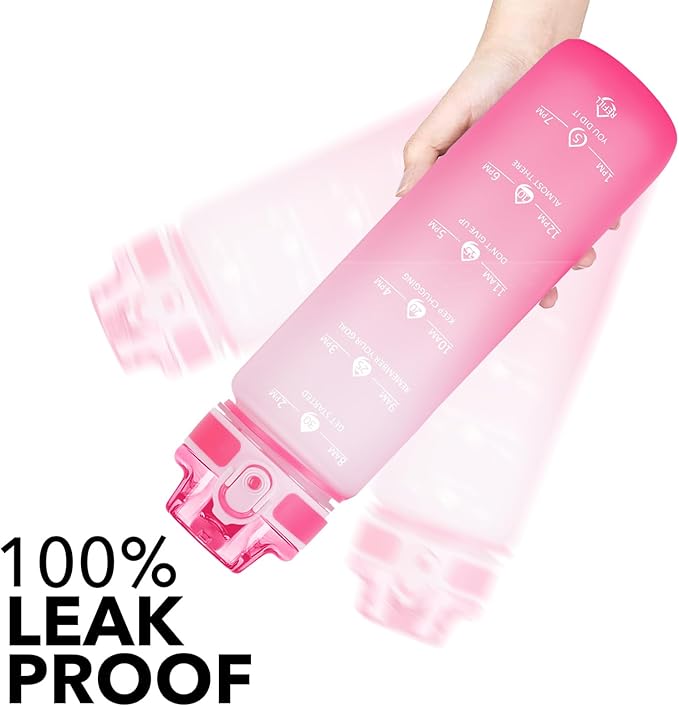 32oz Motivational Water Bottles with Time Marker &amp; Fruit Strainer, Transparent Gradient Color Water Bottle with Times to Drink, Leakproof &amp; BPA Free, Reusable Bottle with Strap (No Straw)