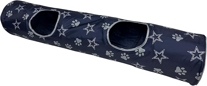 NFL Dallas Cowboys Cat Tunnel Tube Toy with Plush Football Catnip and Feathers Collapsible Tunnel for Cats to Play, Peek and Hide, Sporty &amp; Fun Cat Tunnel Toy with Team Logo All-Over Design!