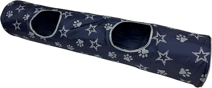 NFL Dallas Cowboys Cat Tunnel Tube Toy with Plush Football Catnip and Feathers Collapsible Tunnel for Cats to Play, Peek and Hide, Sporty &amp; Fun Cat Tunnel Toy with Team Logo All-Over Design!