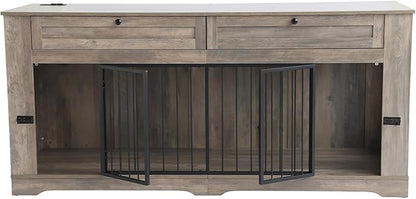 Large Dog Crate Furniture-Decorative Heavy Duty Dog Cage Indoor, Wooden Dog Cage End Table with Charging Station, Dog House with 2 Drawers (Gray, 70.86&
