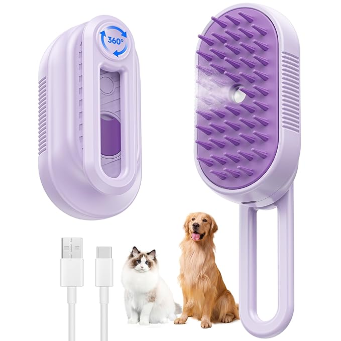 Cat Steam Brush for Shedding, 4 in 1 Rechargeable Steam Brush for Cats and Dogs, Anti-Static, Massage, Cleaning, Shedding &amp; Combing All In One! (purple)