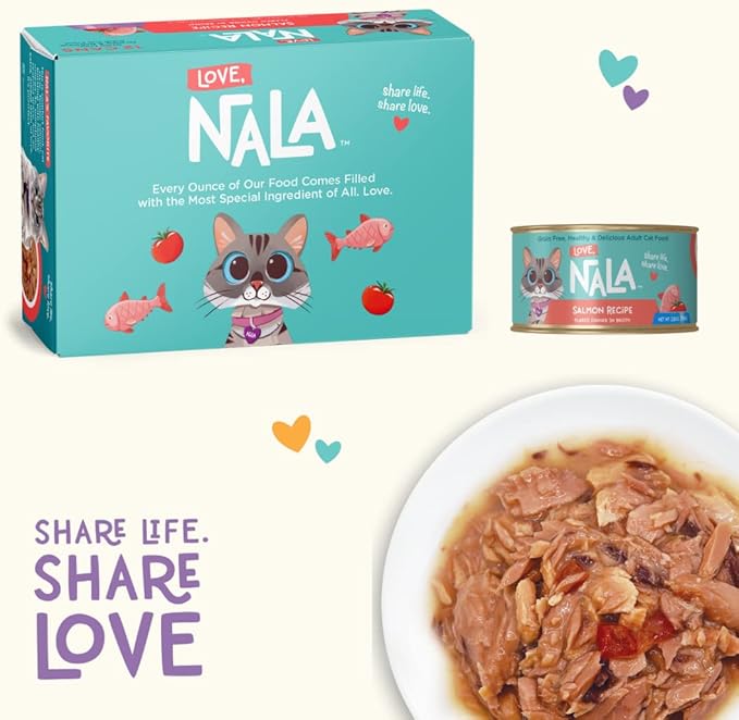 LOVE, NALA - Natural Adult Cat Wet Food - FLAKED Salmon in Broth - Grain Free, Non-GMO, Lean Protein with Omega 3, Added Minerals &amp; Vitamins - 12 Pack, 2.4 lbs.