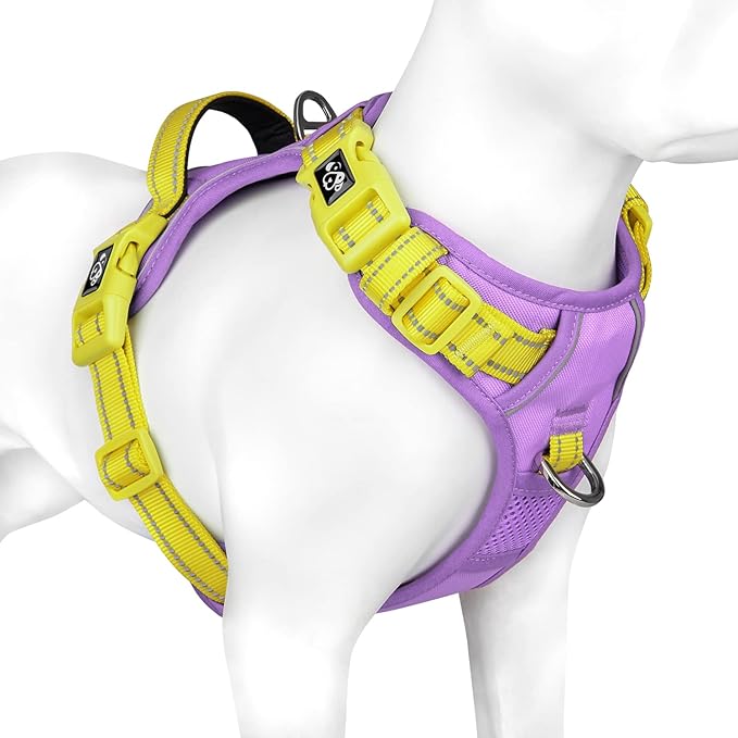 PHOEPET No Pull Dog Harness, Unique Colors Reflective Adjustable Dog Vest, with Soft Training Handle Metal Clips for Small Medium Large Dogs (Baby Purple Base &amp; Yellow Straps,M)