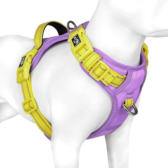 PHOEPET No Pull Dog Harness, Unique Colors Reflective Adjustable Dog Vest, with Soft Training Handle Metal Clips for Small Medium Large Dogs (Baby Purple Base &amp; Yellow Straps,XL)