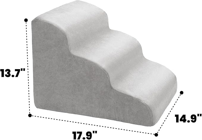 MEWANG Dog Stairs for Small &amp; Medium Dogs and Old Cats –3/4/ 5 Steps High-Density Foam Pet Ramp for Bed &amp; Couch, Non-Slip, Washable Cover, Grey (Round Corner, 3 Steps: 17.95&