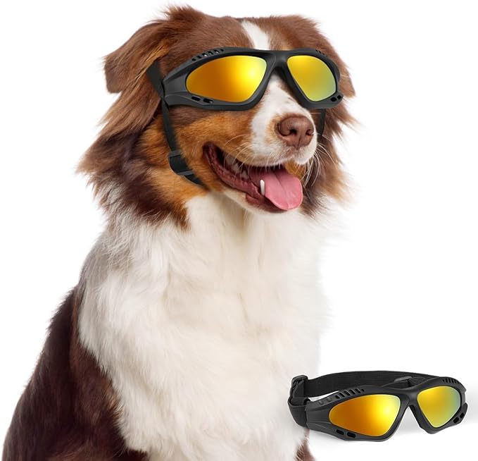 Dog Goggles Large Breed, UV Protection Dog Sunglasses with Sponge Pad and Adjustable Strap, Windproof Dustproof Anti-Fog Eye Protection Glasses for Outdoor Driving Riding, Black