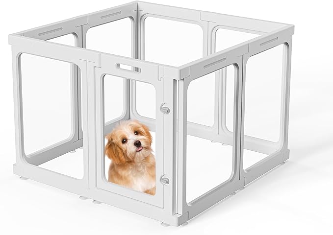 Clear Acrylic Dog Playpen with Door, for Puppy Cat Rabbit Transparent Pet Pen, Dog Playpen Indoor, Dog Fence, Easy Assemble &amp; Cleaning Dog Pen for Small &amp; Medium Dogs (23.6“ Height, 8PCS)