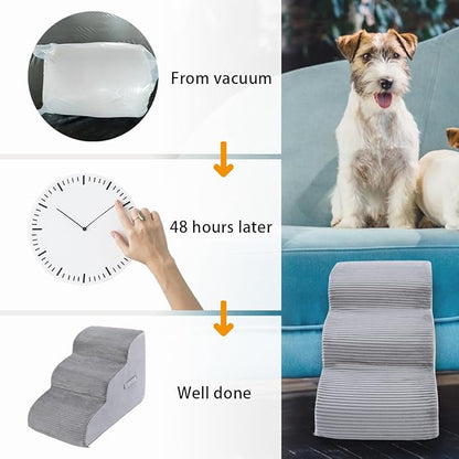 High Density Foam Dog Stairs Steps, 17.8’’ Non-Slip Extra Wide Deep Pet Steps for Beds Or Couches, for Injured or Older Pets Dogs and Cats with Joint Pain, 3-Tiers (Grey)
