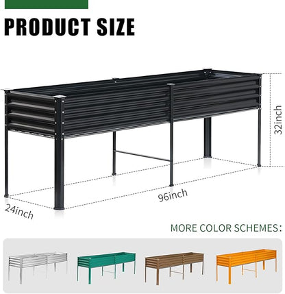 Land Guard Galvanized Raised Garden Bed with Legs, 96×24×32in Raised Garden Beds Outdoor with Drainage Holes, Planter Boxes Outdoor for Backyard, Patio, Balcony, 800lb Capacity, Gray