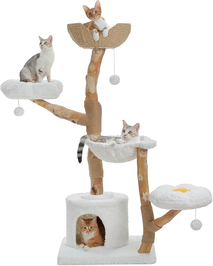 PAWZ Road Cat Tree for Indoor Cats Large Adults, 59 Inches Modern Cat Tower with Large Basket and Hammock, Natural Solid Wood, Luxury Condo &amp; Dual Perches, Modern Cat Furniture for Big Cats, White