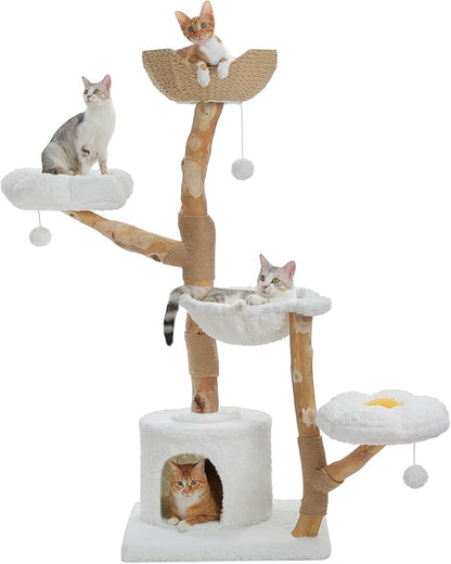 PAWZ Road Cat Tree for Indoor Cats Large Adults, 59 Inches Modern Cat Tower with Large Basket and Hammock, Natural Solid Wood, Luxury Condo &amp; Dual Perches, Modern Cat Furniture for Big Cats, White