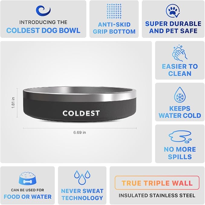 Coldest Dog Bowl - Anti Rust Metal, Non Slip, 3 Layers Insulated Stainless Steel Dog Bowls - Spill Proof &amp; Heavy Duty - Water Bowl for Dogs, Cats &amp; Pets, Dish Washer Safe (21 oz, Stealth Black)