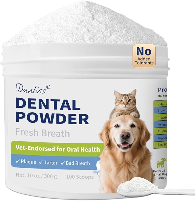 Dog Dental Powder for Pet Oral Care and Teeth Cleaning–No Added Colorants Breath Freshener for Cats and Dogs, Bad Breath, Plaque &amp; Tartar Remover, Helps Protect Against Leaky Gums – 100 Scoops