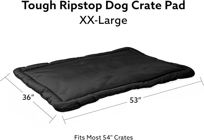 K9 Ballistics Tough Ripstop Dog Crate Pad - Durable &amp; Machine Washable with Non-Skid Bottom and 120-Day Warranty, Fits 54" Wire Crates - XX-Large, Obsidian Black