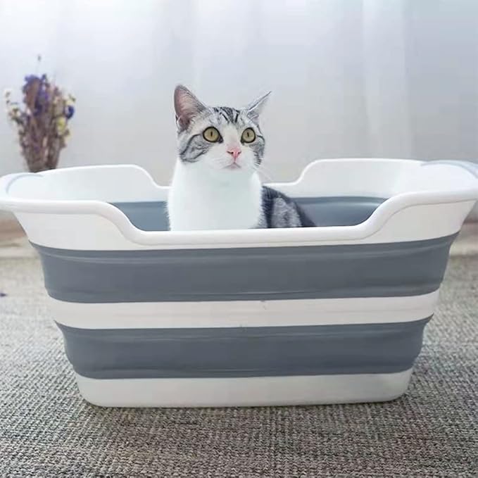 Collapsible Pet Bathtub, 7.1 Gal (27L) - Foldable Bathing Tub with Drain Plug for Dogs &amp; Cats Under 30 lbs - Multi-Use as Laundry Basket, Storage Organizer, Camping Sink (Grey)