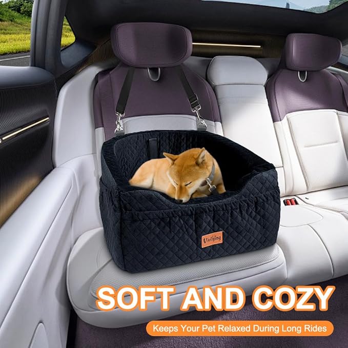 Vivifying Dog Car Seat for Small &amp; Medium Dogs, Detachable &amp; Washable Booster Seat for Pets Up to 30lbs, Travel Bed with Storage Pockets and Safety Belt – Black