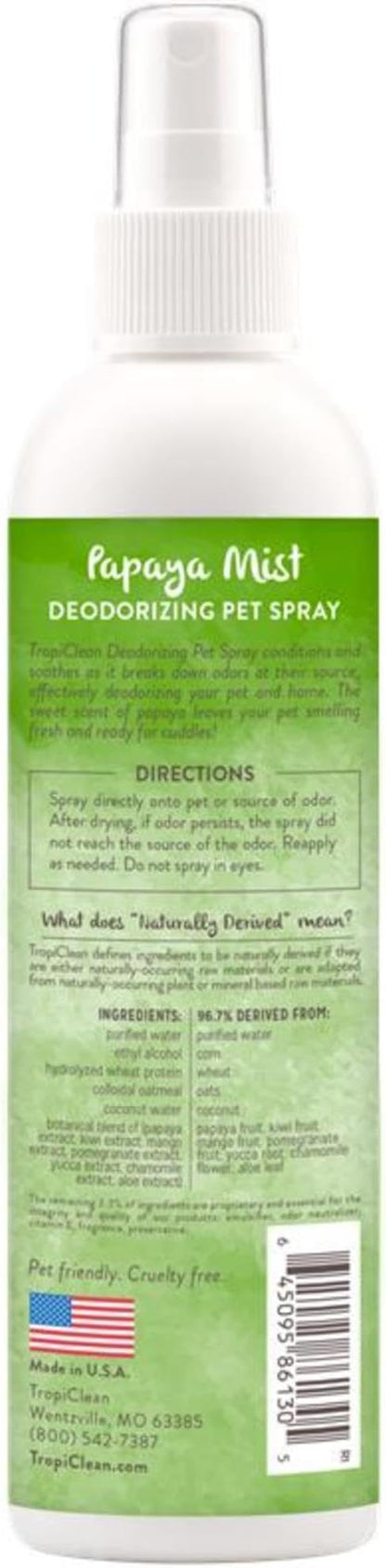 TropiClean Dog Perfume, Long Lasting Papaya Cologne, Deodorizing Spray for Smelly Dogs, After Bath Detangling Spray with Vitamin E, Safe for Cats, 8oz.