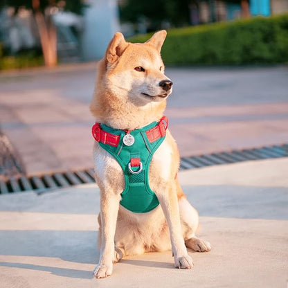PHOEPET No Pull Dog Harness, Unique Colors Reflective Adjustable Dog Vest, with Soft Training Handle Metal Clips for Small Medium Large Dogs (Dark Green Base &amp; Red Straps,S)