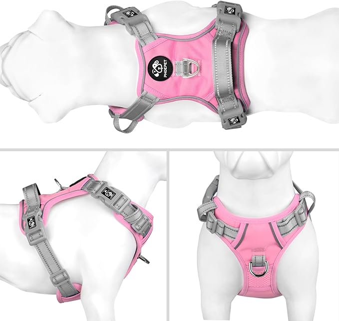 PHOEPET No Pull Dog Harness, Unique Colors Reflective Adjustable Dog Vest, with Soft Training Handle Metal Clips for Small Medium Large Dogs (Baby Pink Base &amp; Grey Straps,XL)