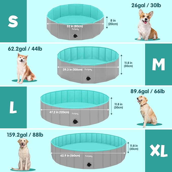 Furrybaby Foldable Dog Pool, Kiddie Pool Hard Plastic, Collapsible Pet Bath Portable Dog Swimming Pool for Pet, Dogs and Cats Grey 32&