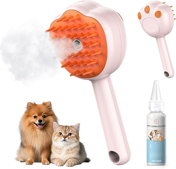 Steam Cat Brush, 6-in-1 Dog Brush Spritz Defur Comb with Pet Waterless Shampoo, Steamy Skin Friendly Deshedding Grooming Tool, Suitable for Shedding &amp; Haired Pets, Pet Supplies Accessories, Pink