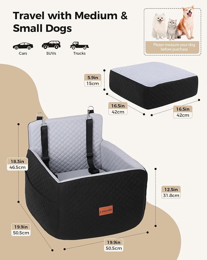 Dog Car Seat for Small &amp; Medium Dogs Under 35lbs, Detachable &amp; Washable Pet Car Seat, Interior Height 6 Inches Pet Travel Bed with Storage Pockets and 2 Dog Safety Belts (Black/Gray)