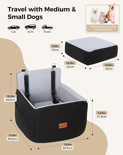 Dog Car Seat for Small &amp; Medium Dogs Under 35lbs, Detachable &amp; Washable Pet Car Seat, Interior Height 6 Inches Pet Travel Bed with Storage Pockets and 2 Dog Safety Belts (Black/Gray)