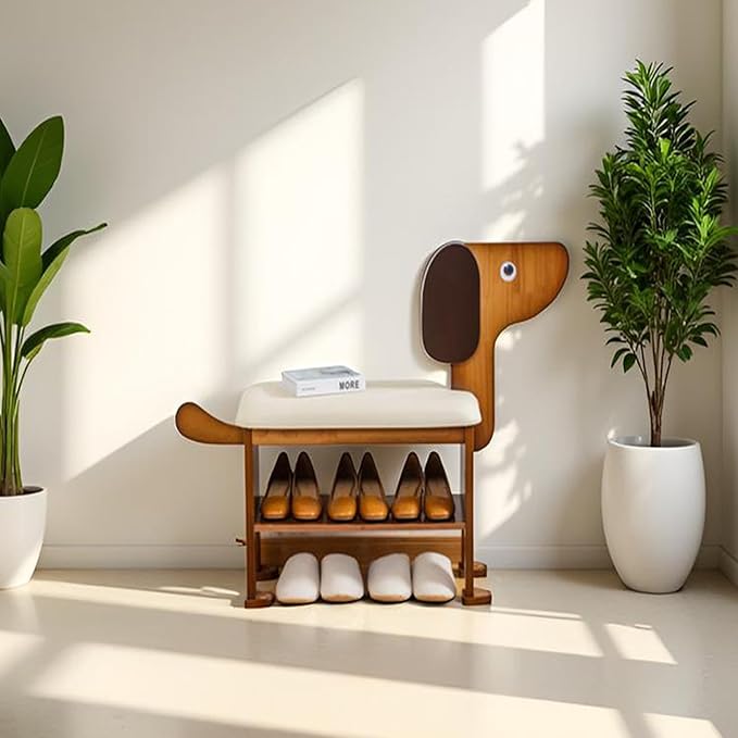 latifolia Puppy Shoe Bench, 2-Tier Solid Wood Entryway Organizer, Cute Pet-Shaped Shoe Bench for Hallway &amp; Living Room,(23.62 inch)