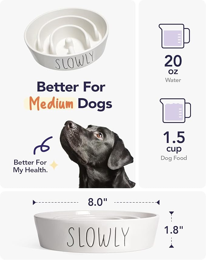 Slow Feeder Dog Bowl - 1.5 Cups Ceramic Puzzle Feeder for Small &amp; Medium Breeds, Maze Design Bowl for Puppy &amp; Fast Eaters, White Pet Dish to Control Eating Speed