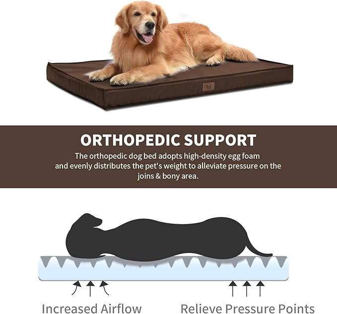 Outdoor All Weather Waterproof Dog Bed, Orthopedic Dog Bed for Extra Large Dogs, Egg Foam Pet Bed with Washable and Removable Oxford Cooling Cover, Brown