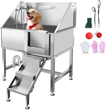 38" Dog Washing Station, Professional Stainless Steel Dog Bathing Station, Equipped with Three Anti-Slip Steps, Removable Door, Upgraded Spray Nozzle&amp;Hose - Ideal for Home, Pet Grooming Salon,R-RAMP