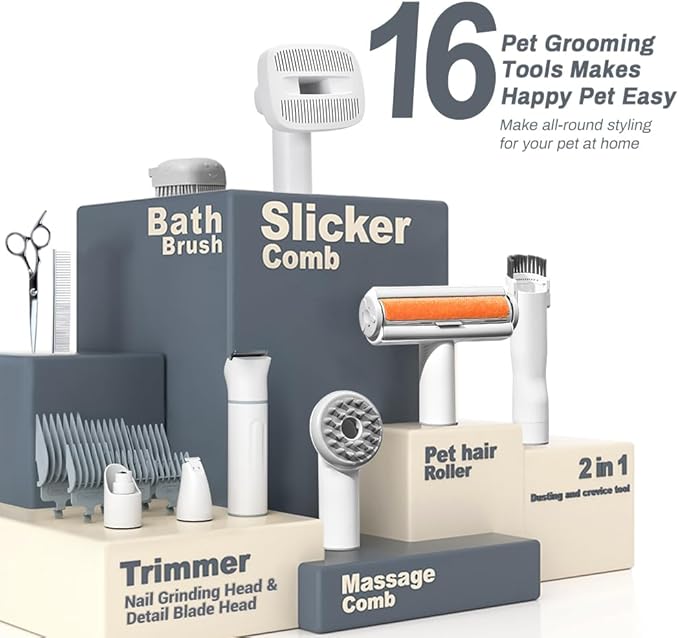 Bunfly Dog Grooming Kit,13000Pa Strong Grooming &amp; Vacuum Suction 99.99% Pet Hair, 16 Pet Grooming Tools for Dogs Cats, 3L Large Capacity Dust Cup, Quiet Pet Vacuum Groomer (Silver &amp; White)