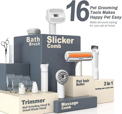 Bunfly Dog Grooming Kit,13000Pa Strong Grooming &amp; Vacuum Suction 99.99% Pet Hair, 16 Pet Grooming Tools for Dogs Cats, 3L Large Capacity Dust Cup, Quiet Pet Vacuum Groomer (Silver &amp; White)