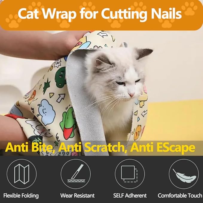 Magic Cat Wrap for Cutting Nails &amp; Grooming, Self Adherent Fabric Wrap for Cats, Multi Functional Pet Grooming Towel Blanket, Wrap Snug and Groom for Cats, 27.6in, Under 22 Ibs
