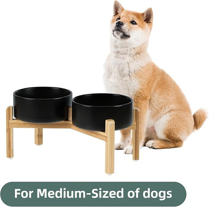 Ceramic Raised Double Bowls Set with Stand, Food &amp; Water Bowls for Medium Breed Dogs, Weighted Dog Dishes, Pet Bowl(7.3&