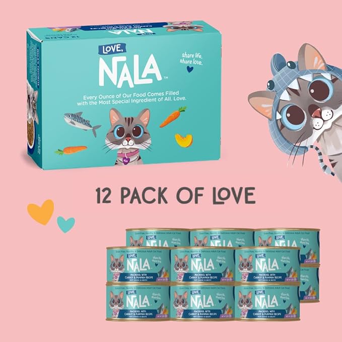 LOVE, NALA - Natural Adult Cat Wet Food - Pate Mackerel with Carrot &amp; Pumpkin Recipe- Grain Free, Non-GMO, Lean Protein, Omega 3, Digestive Fiber Blend, Added Minerals &amp; Vitamins - 12 Pack 2.4 lbs.