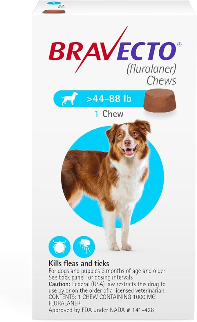BRAVECTO Chew for Dogs, Flea &amp; Tick, 1 Chew, 12 Week Supply, >44-88 lbs., Blue Box