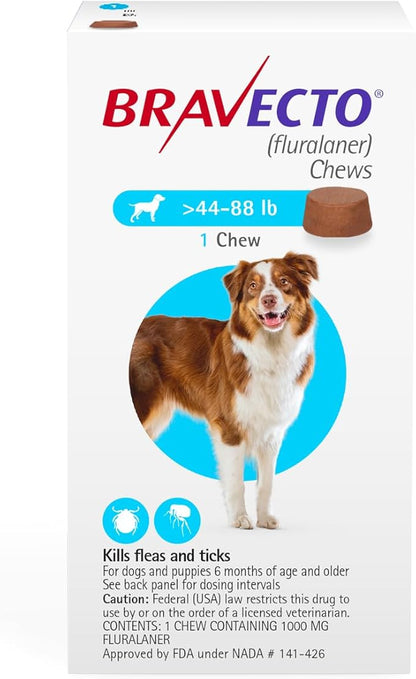 BRAVECTO Chew for Dogs, Flea &amp; Tick, 1 Chew, 12 Week Supply, >44-88 lbs., Blue Box