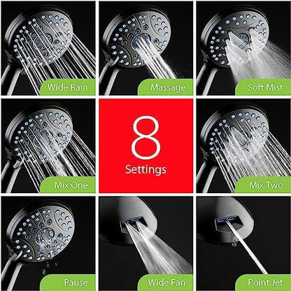 Hotel Spa AquaCare for California As-Seen-On-TV High Pressure Handheld Rain 50-mode 3-way Shower Head Combo with Adjustable Arm, Anti-clog Jets, Tub &amp; Pet Power Wash, 6 ft. Hose, Matte Black