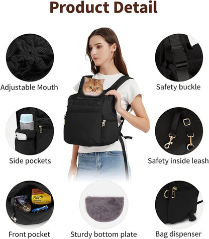 OFY Cat Carrier Puffy Backpack Breathable Small Dog Front Backpack Large Space for Small Dogs, Drawstring &amp; Water-Resisant Pet Bag for Travel Hiking, Black Patent Pending
