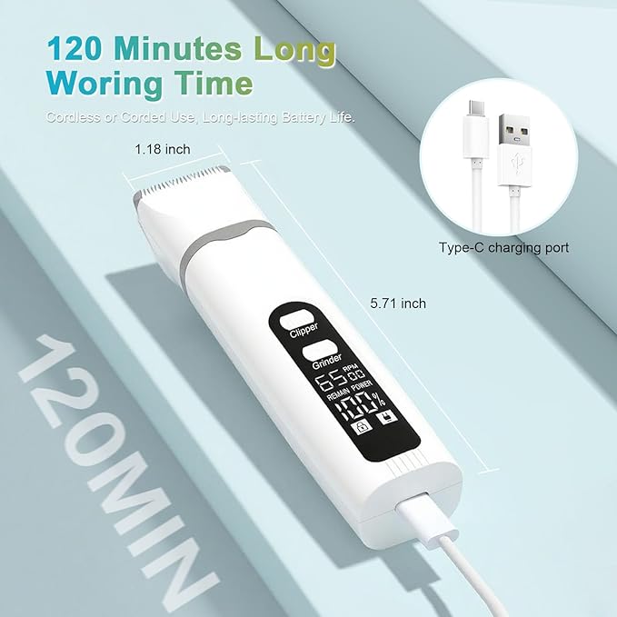 4 in 1 Dog Clippers Grooming Kit with LED Screen, Cordless Quiet Paw Trimmer &amp; Nail Grinder, Rechargeable Waterproof Feet Ear Body Hair Shaver for Cats Dogs Pet Supplies