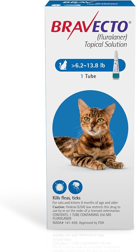 BRAVECTO Topical Solution for Cats, Flea &amp; Tick, 12 Week Supply, >6.2-13.8 lbs., Blue Box