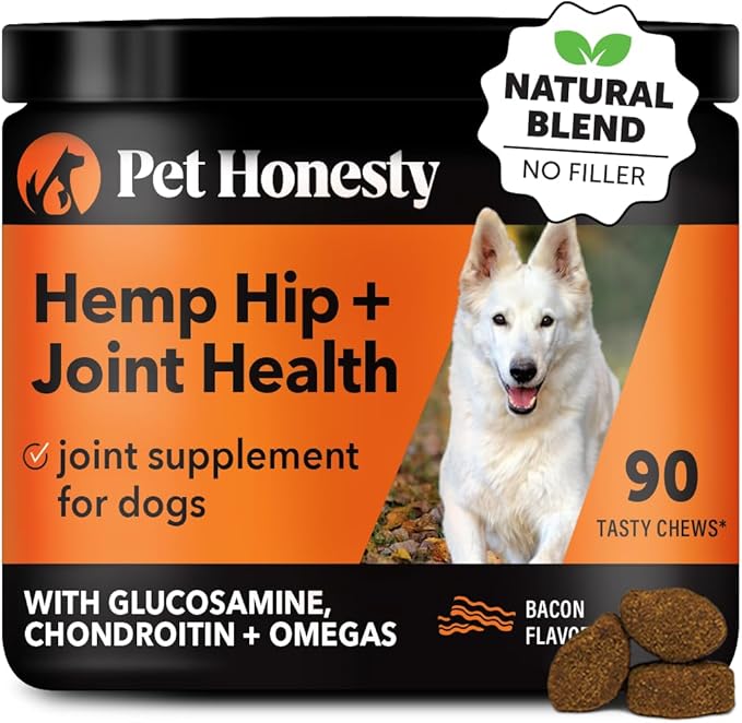 Hemp Hip &amp; Joint Supplement for Dogs - Hemp Oil &amp; Powder - Glucosamine Chondroitin for Dogs, Turmeric, MSM, Green-Lipped Mussel, Supports Mobility, May Reduce Discomfort (Bacon)