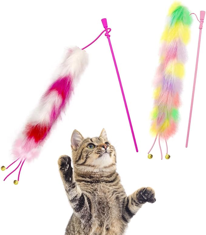 2 Pack Cat Wand Toy, Rainbow Cat Feather Toys with Bells, Teaser Wand with Soft Furry Tail, Interactive Toys for Indoor Cats &amp; Kitten &amp; Kitty