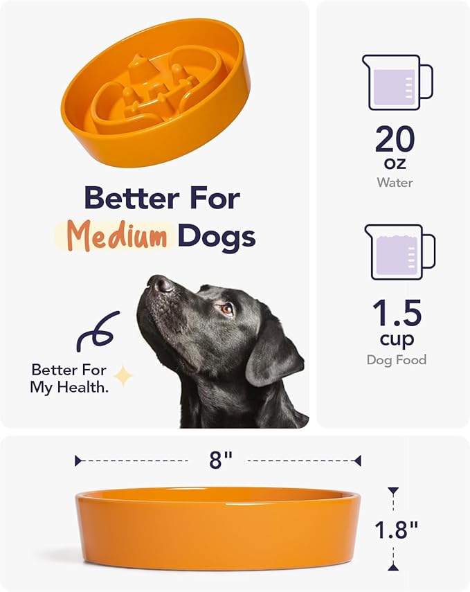 LE TAUCI Ceramic Puzzle Feeder Bowl Raised 1.5 Cup with Wood Stand for Small Medium Dog &amp; Puppy, Fast Eating Food Dish,Pumpkin Orange