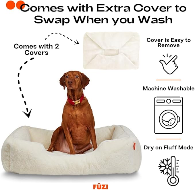 FUZI Luxury Aesthetic Dog Bed with Extra Cover for Medium Dogs, Washable Pet Couch, Pet Bed with Sides, Non-Slip Bottom, Soft &amp; Durable Calming Dog Bed, Faux Fur, Medium 31.75x23.6x9.5 Soft White