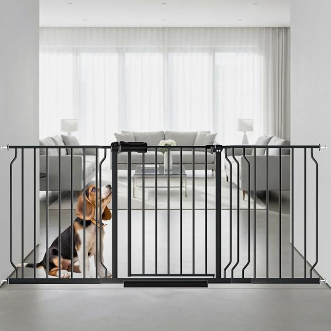 62.2"-71.65" Extra Wide Auto Closing Baby Safety Gate for Stairs &amp; Doorways, Pressure Mounted No Drill Pet Gate with Walk-Through Door - Heavy Duty Childproof Gate for Toddlers, Kids, Dogs (Black)