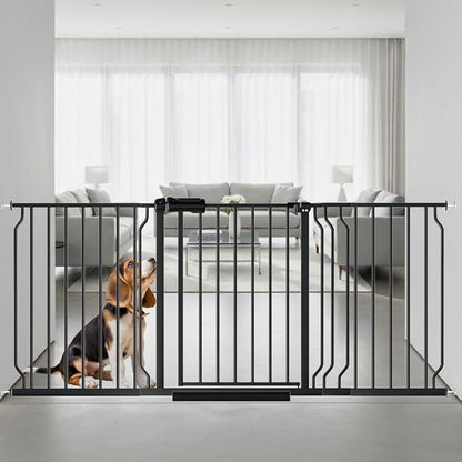 62.2"-71.65" Extra Wide Auto Closing Baby Safety Gate for Stairs &amp; Doorways, Pressure Mounted No Drill Pet Gate with Walk-Through Door - Heavy Duty Childproof Gate for Toddlers, Kids, Dogs (Black)