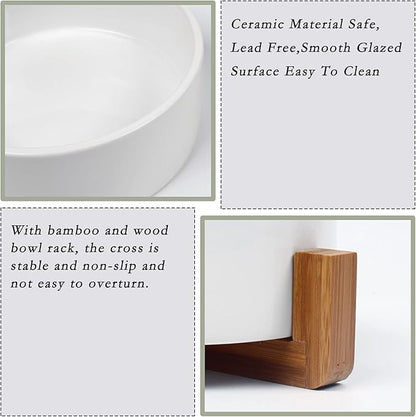 Petygooing Dog Bowls,White Ceramic Cat and Dog Bowl Set with Wood Stand for Food and Water, Non-Slip Cute Modern Pet Dish Set for Cats &amp; Medium Dogs (28OZ)